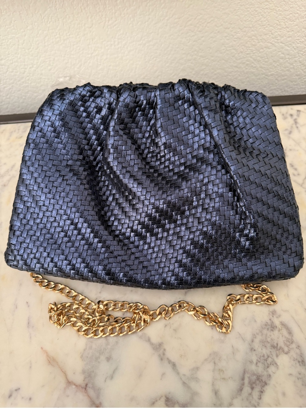 Anthropologie Frankie Navy Woven Satin Clutch with Gold Chain